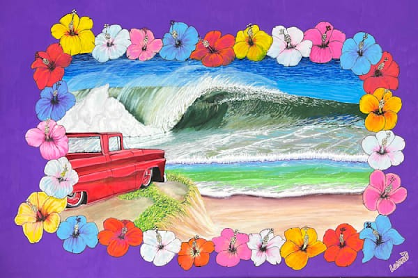 Purple leis beach painting by John Lasonio