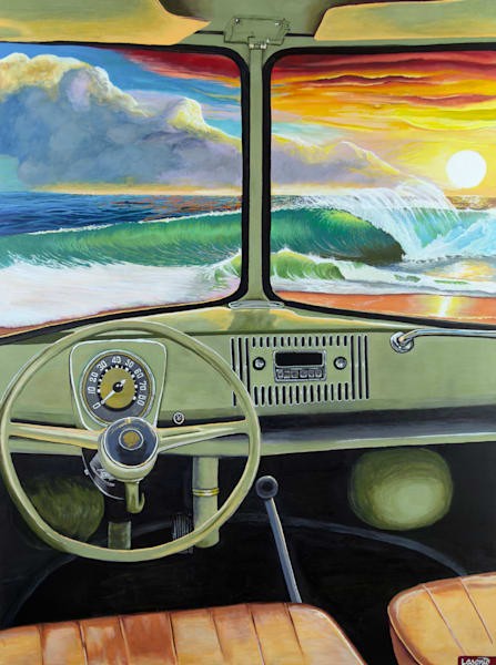 Vintage car view toward a surf wave at sunset, painted by John Lasonio