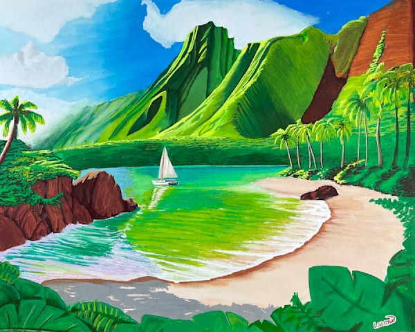 Hawaiian sailboat and cove painting by John Lasonio