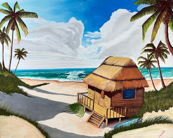 Beach hut painting in John Lasonio acrylic-marker style