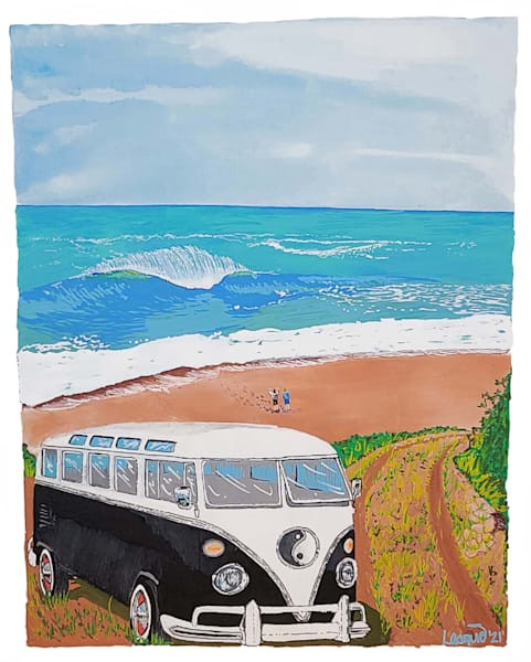 Vintage beach bus with an ocean view, an original painting by John Lasonio