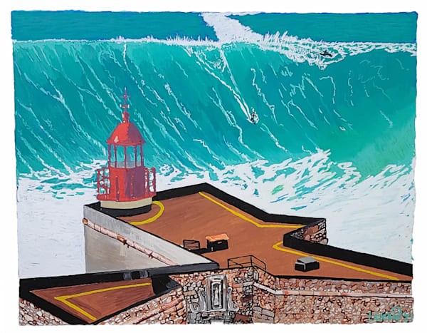 Nazare lighthouse beside a large wave, an original painting by John Lasonio