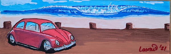 Red Volkswagen Beetle by the beach, an original painting by John Lasonio