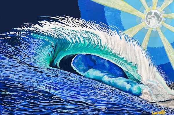 Blue ocean wave at night, an original painting by John Lasonio