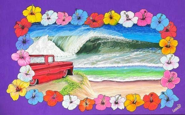 Red vintage truck and ocean wave framed by flowers, an original painting by John Lasonio