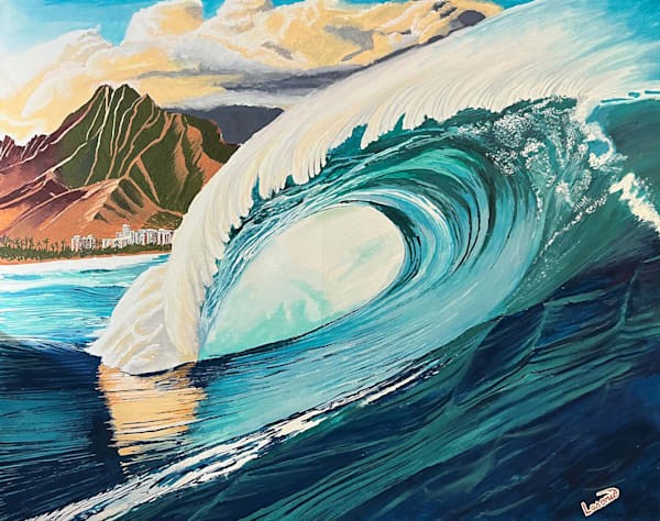 Breaking wave beside Diamond Head, an original painting by John Lasonio