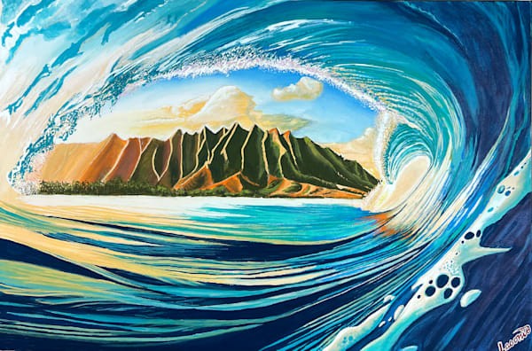 Barreling wave with Diamond Head, an original painting by John Lasonio