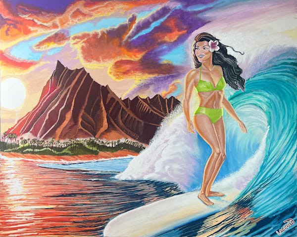 Surfer on a breaking wave at sunset, an original painting by John Lasonio