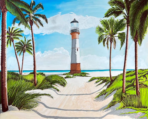 Lighthouse by the beach, an original painting by John Lasonio