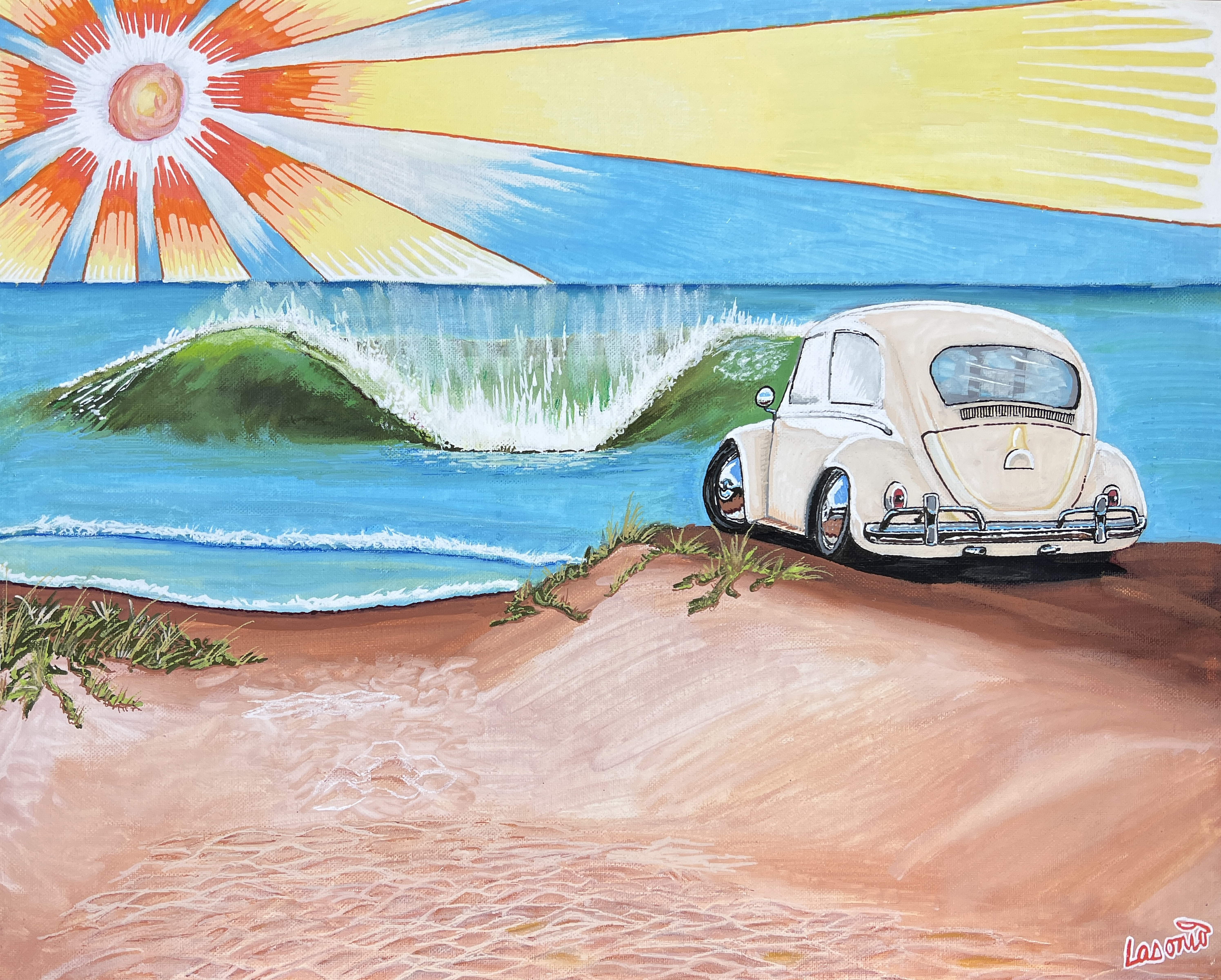 Cream vintage Volkswagen Beetle parked above a peeling wave at sunrise, an original painting by John Lasonio