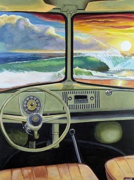 Vintage Volkswagen bus interior framing a breaking green wave and sunset, an original painting by John Lasonio