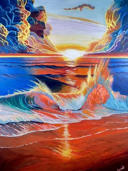 Sunrise breaking wave in cobalt blue and fiery orange, an original painting by John Lasonio