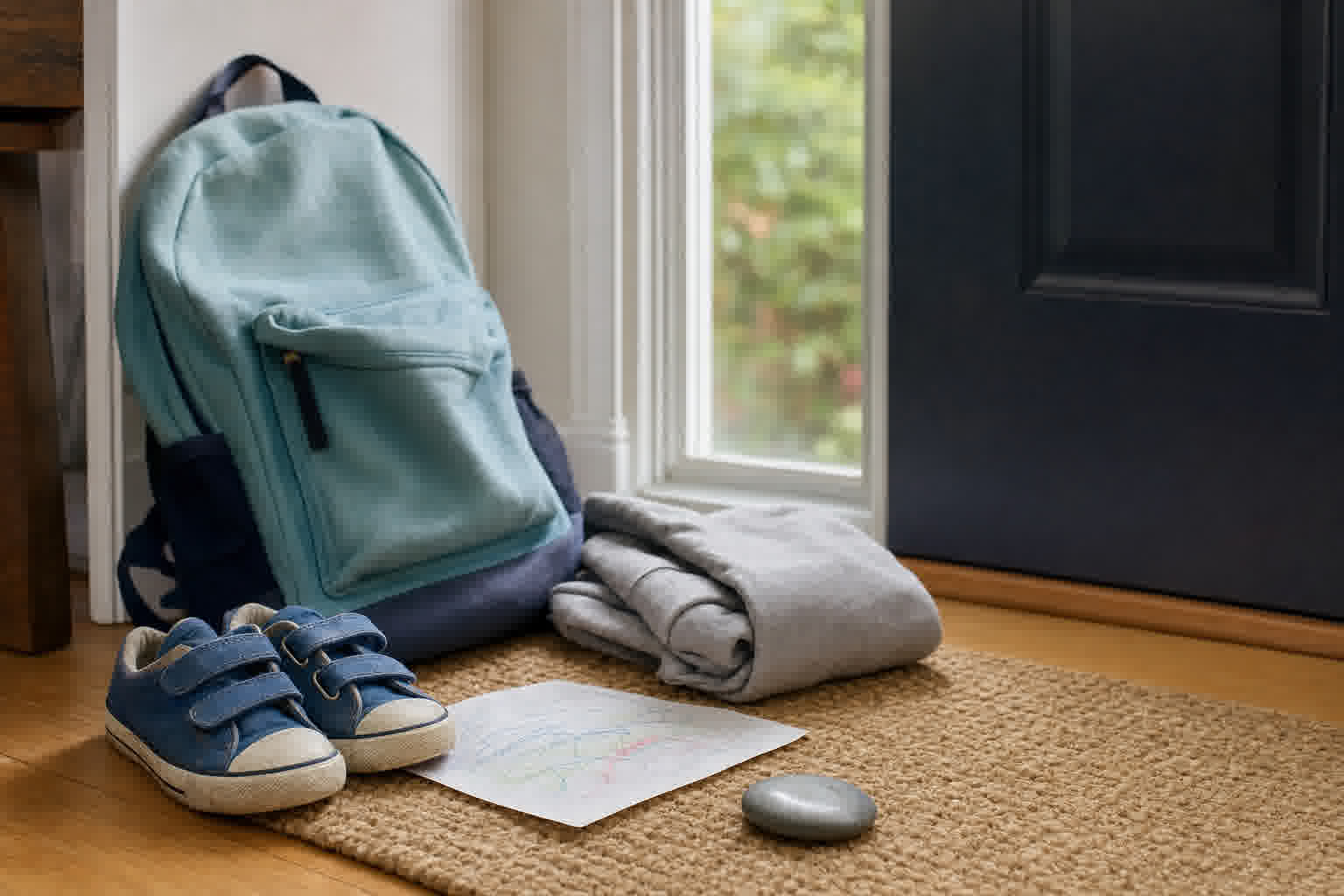 A child's backpack, sneakers, sweatshirt, drawing, and smooth worry stone near a front door.