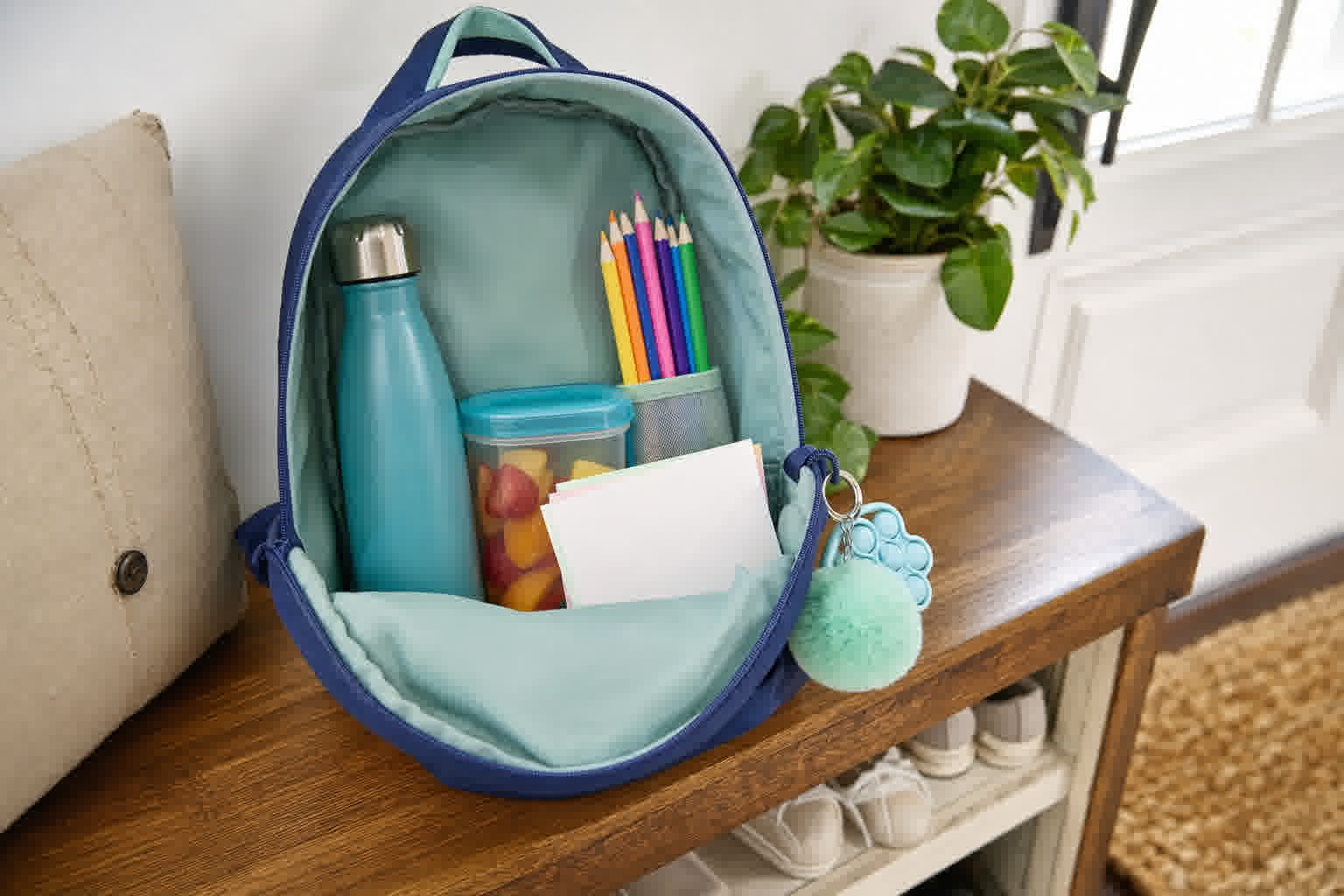 An open child's backpack with a water bottle, snack, colored pencils, blank note cards, and sensory keychain.