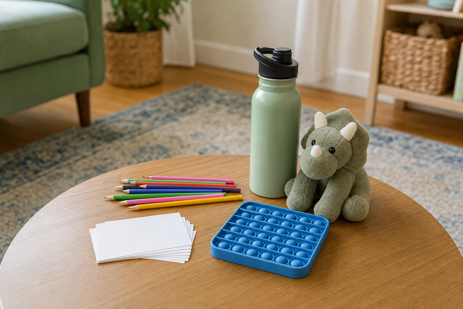 A child-friendly coping kit with colored pencils, blank cards, a sensory fidget, water bottle, and soft comfort item.