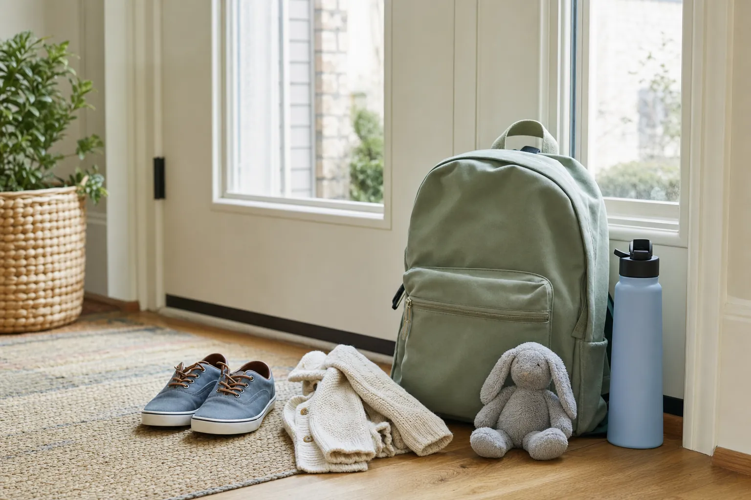 A child's backpack, shoes, sweater, water bottle, and comfort item ready by a front door.
