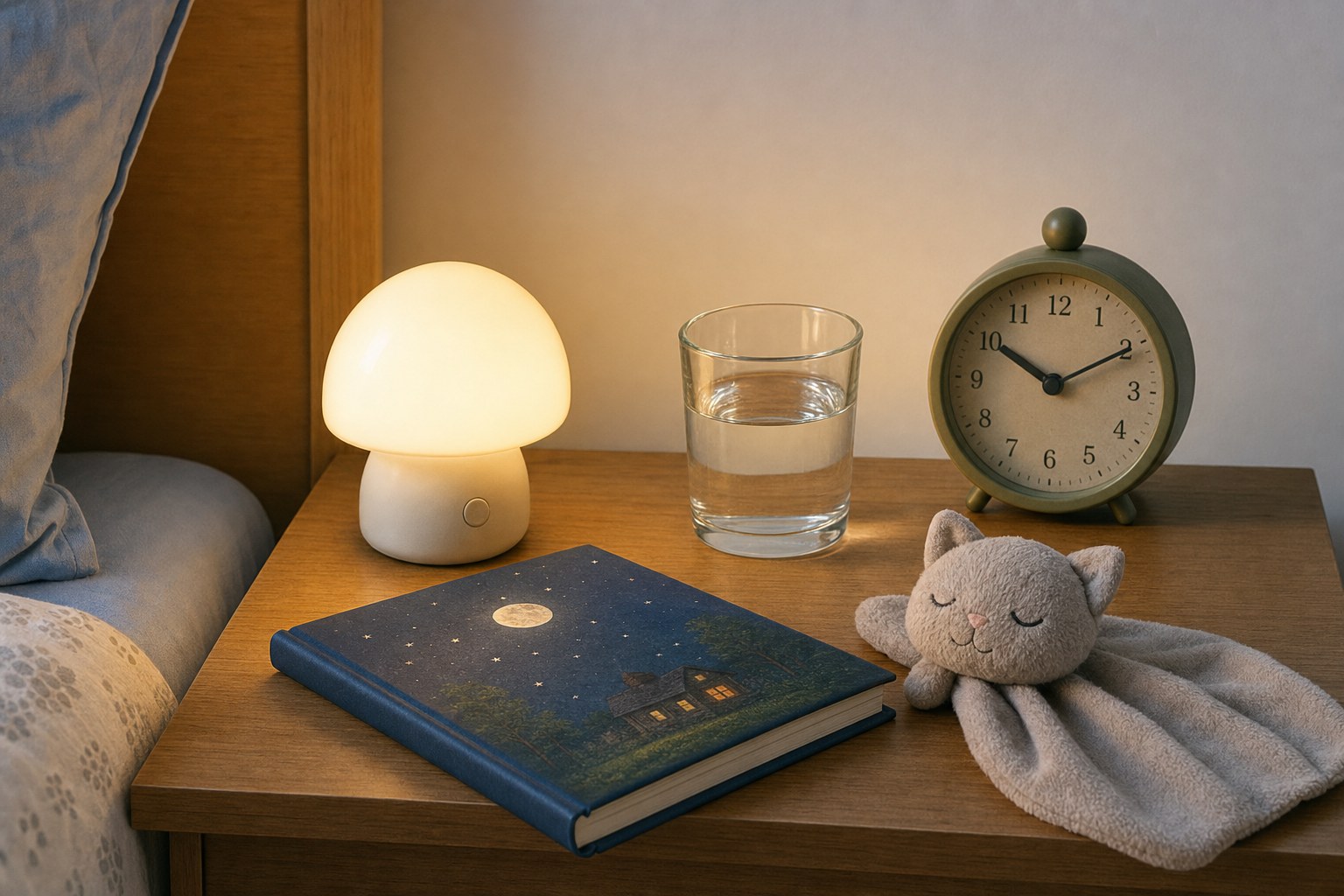 A warm night light, water glass, storybook, comfort toy, and clock on a child's bedside table.