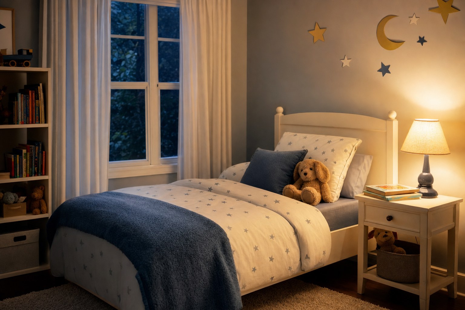 A child's bedroom with a made bed, picture books, stuffed animal, and a warm bedside lamp at night.