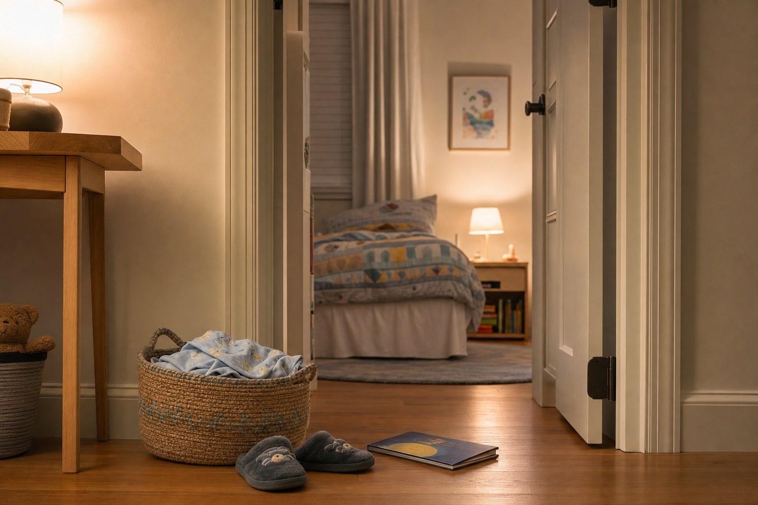 A child's bedroom seen from the hallway, with slippers, pajamas, a book, and warm lights leading to a tidy bed.