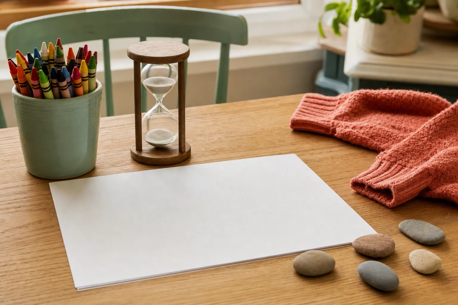 Crayons, blank paper, an hourglass, a sweater, and smooth stones on a kitchen table.