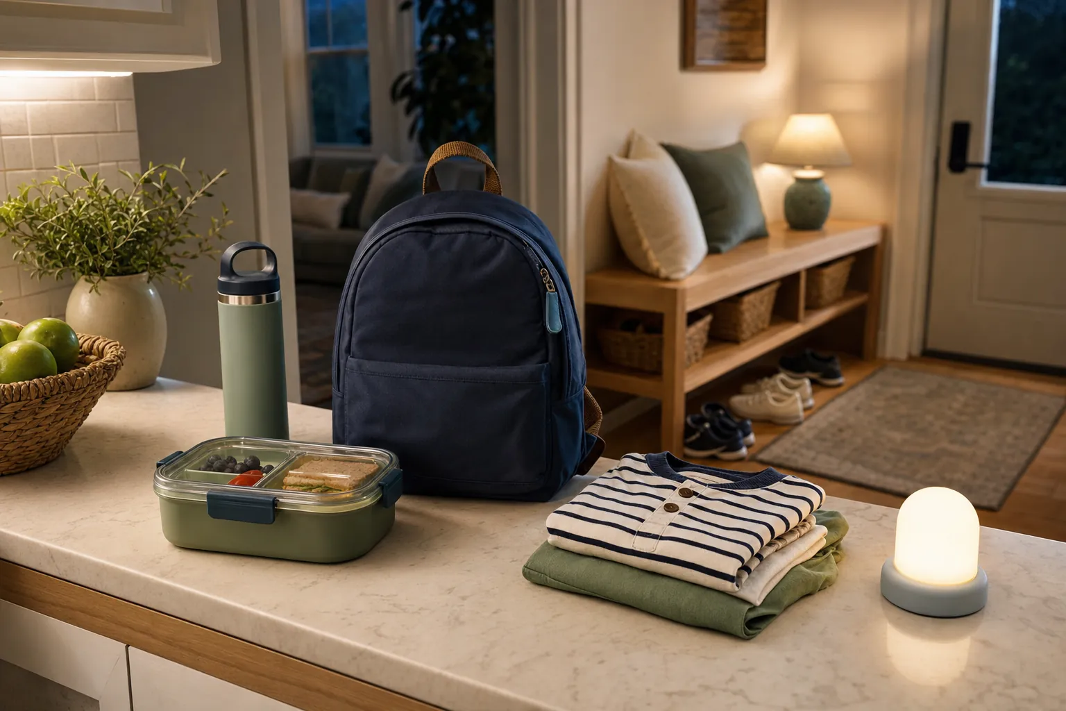 A backpack, lunch container, water bottle, folded clothes, shoes, and night light prepared for the next day.