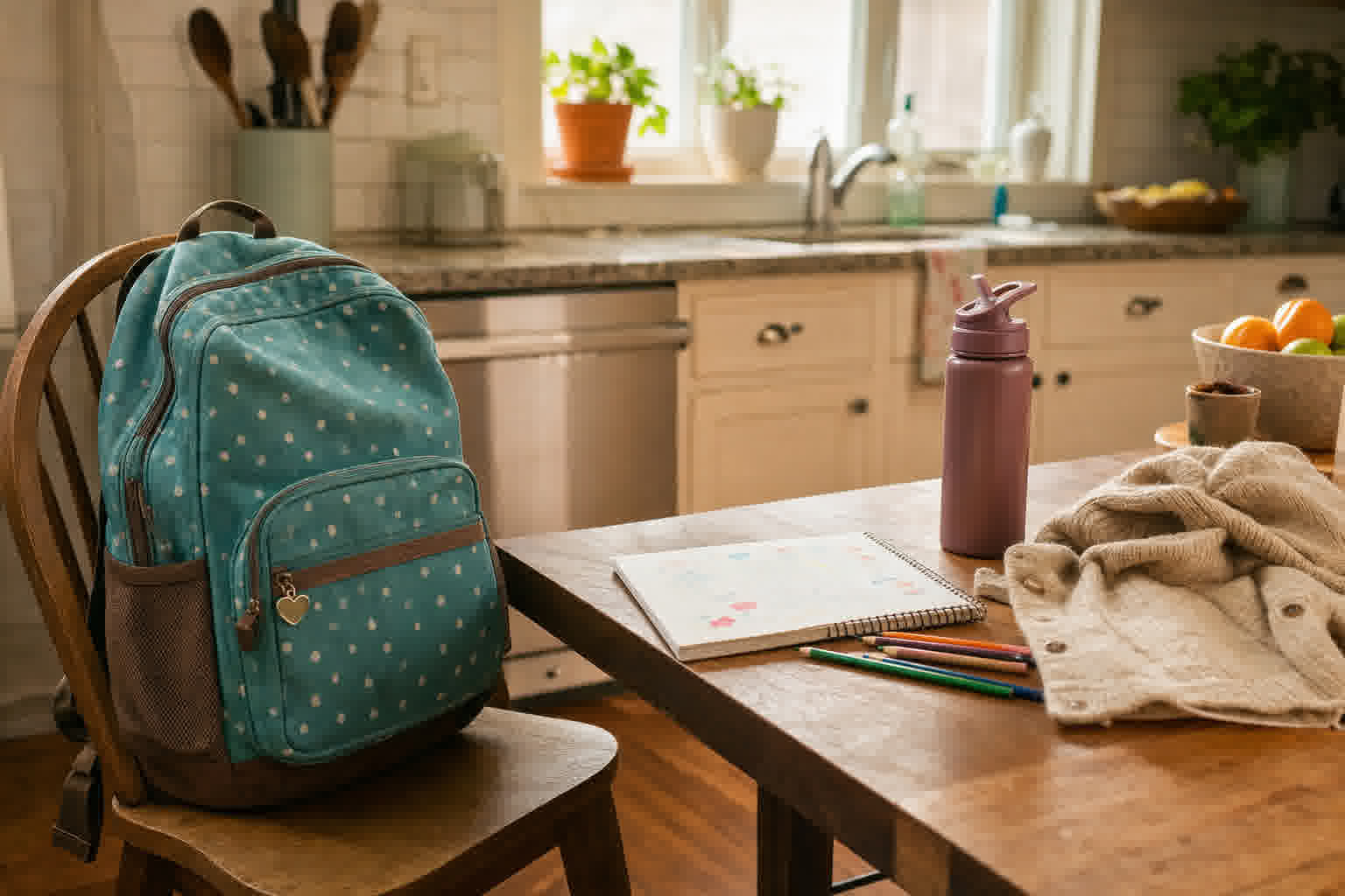 A child's backpack, water bottle, sweater, pencils, and notebook on a kitchen table before school.