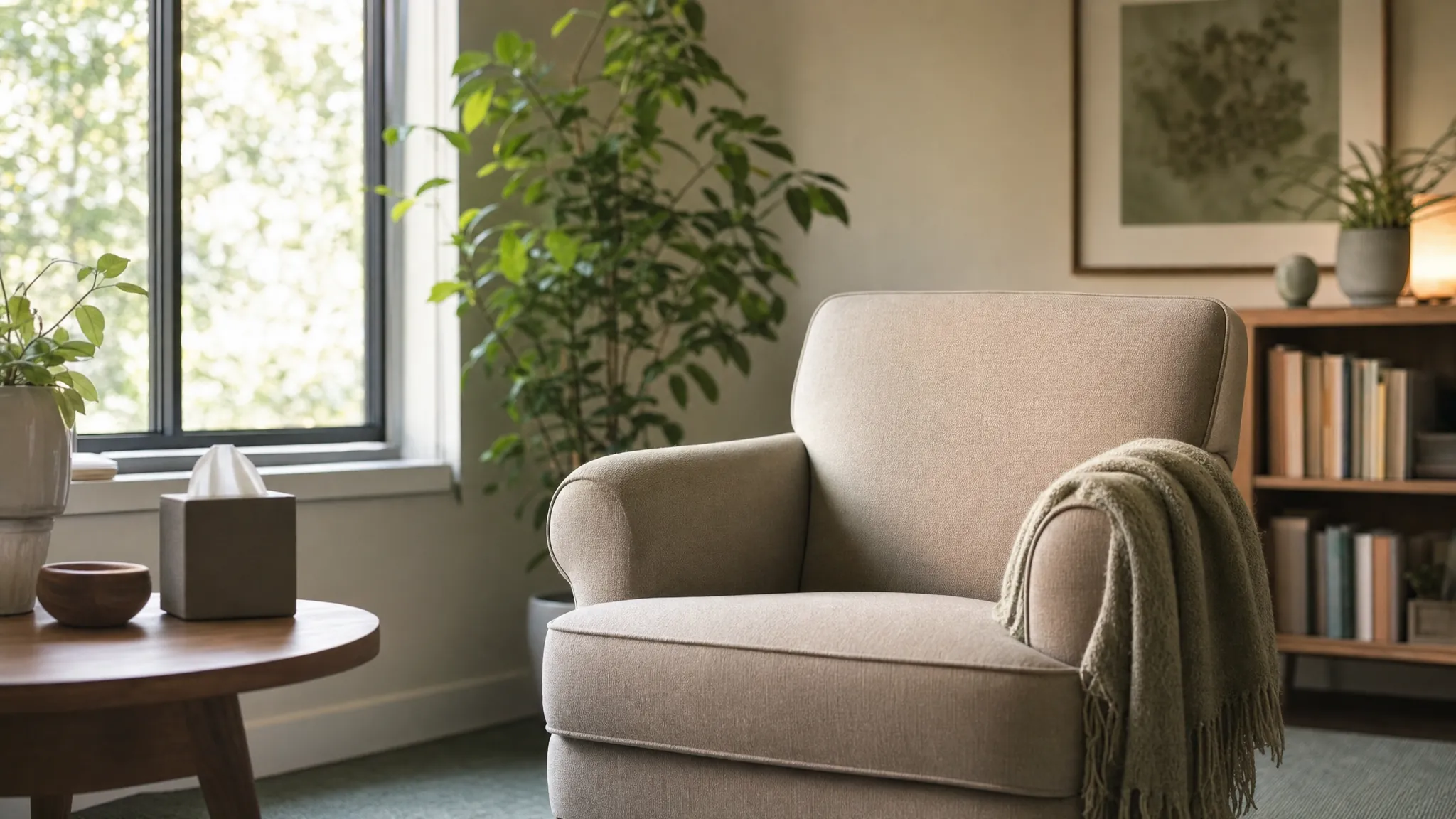 A comfortable counseling chair beside a sunlit window and green plants.