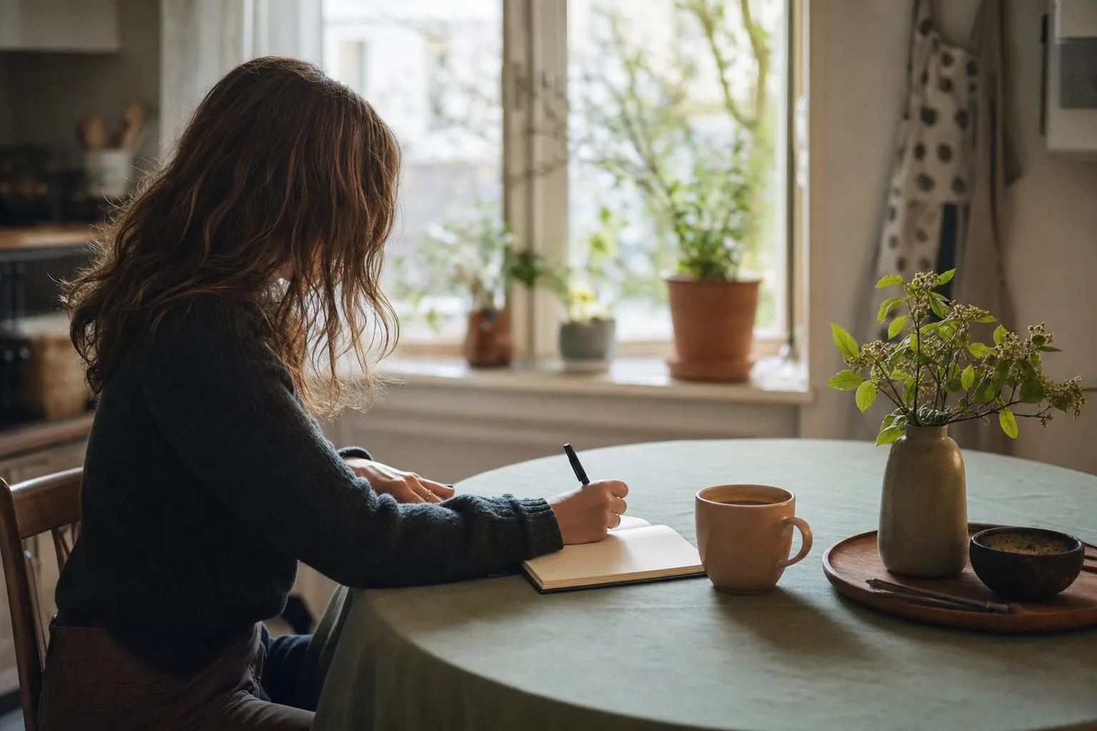 A person writing reflective notes at a kitchen table near a window.