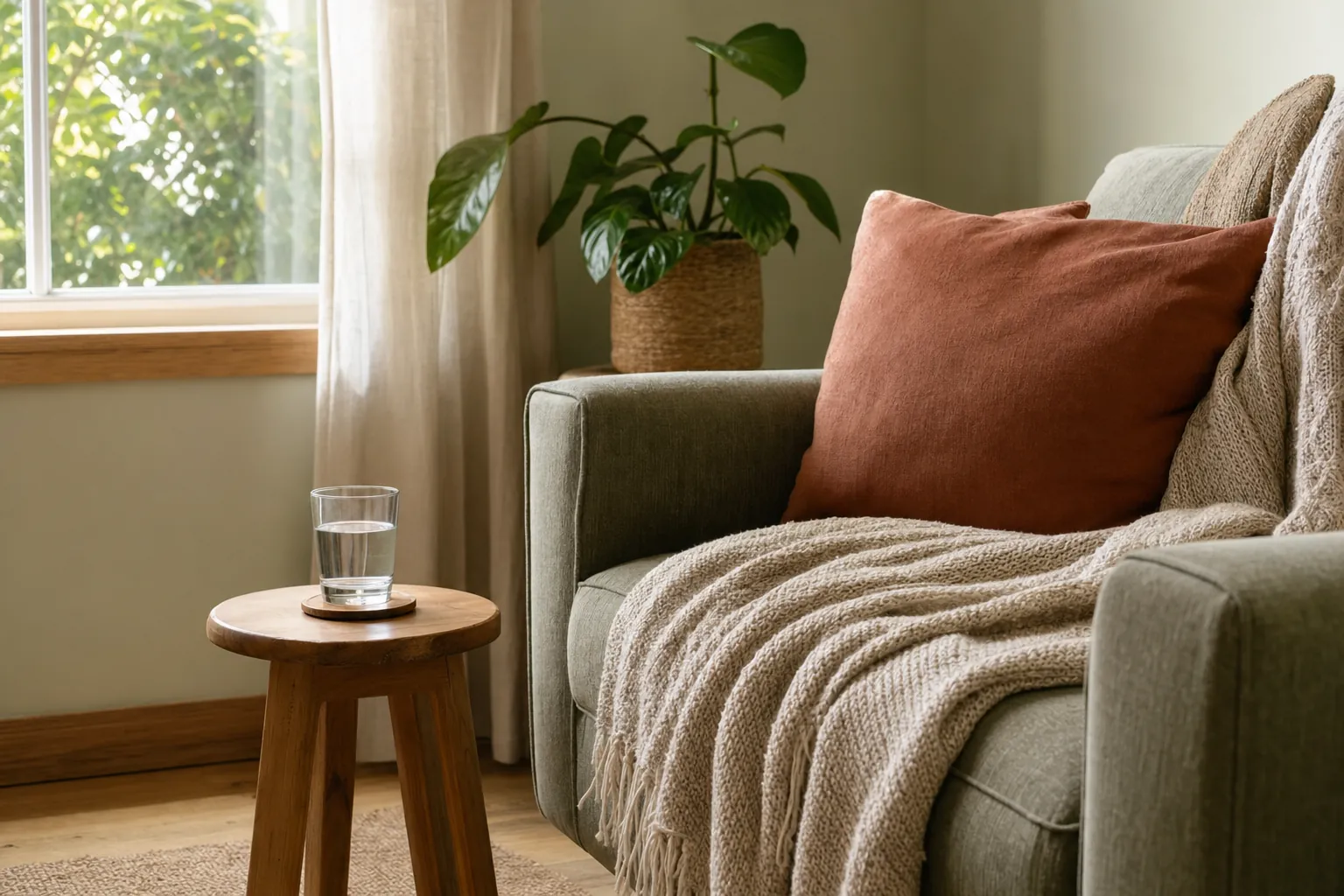 A comfortable chair with a blanket and glass of water beside a sunlit window.