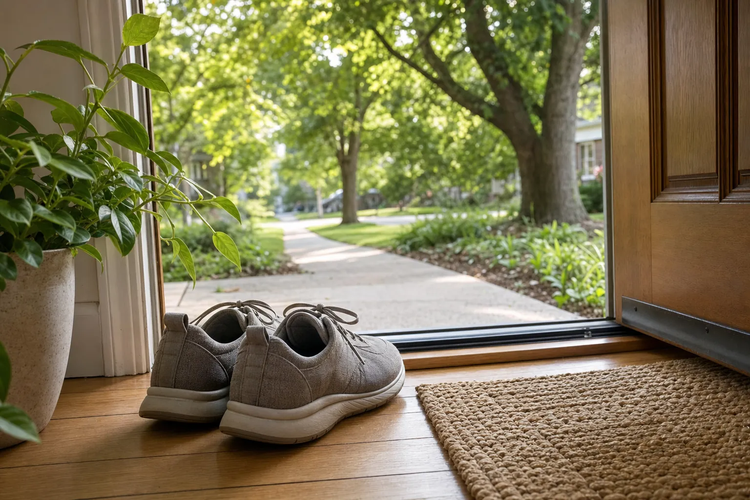 Walking shoes by an open front door looking out onto a leafy neighborhood path.