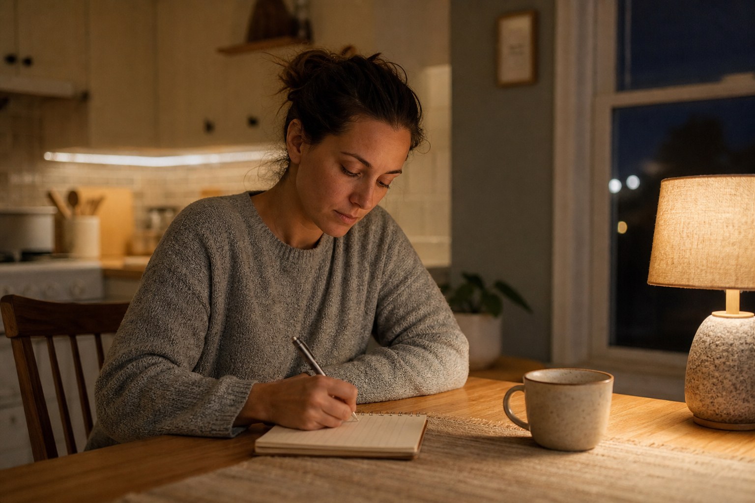 An adult writing a short evening plan in a notebook at a warm kitchen table.