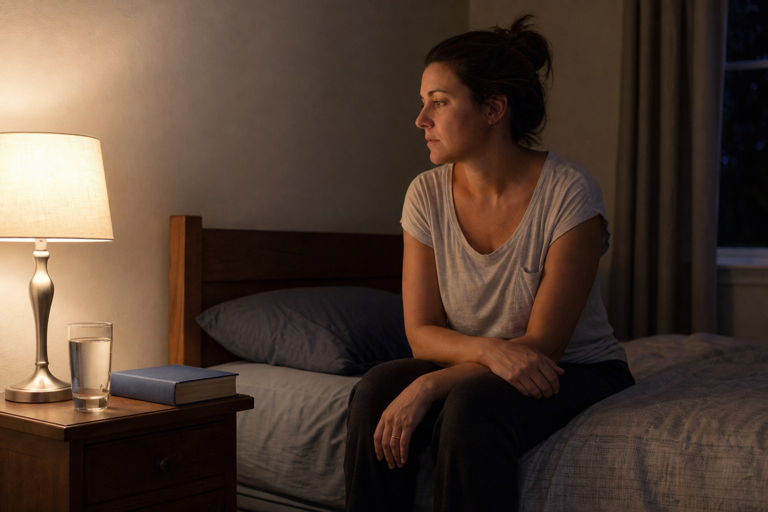 An adult sitting awake on the edge of a bed beside a softly lit nightstand.