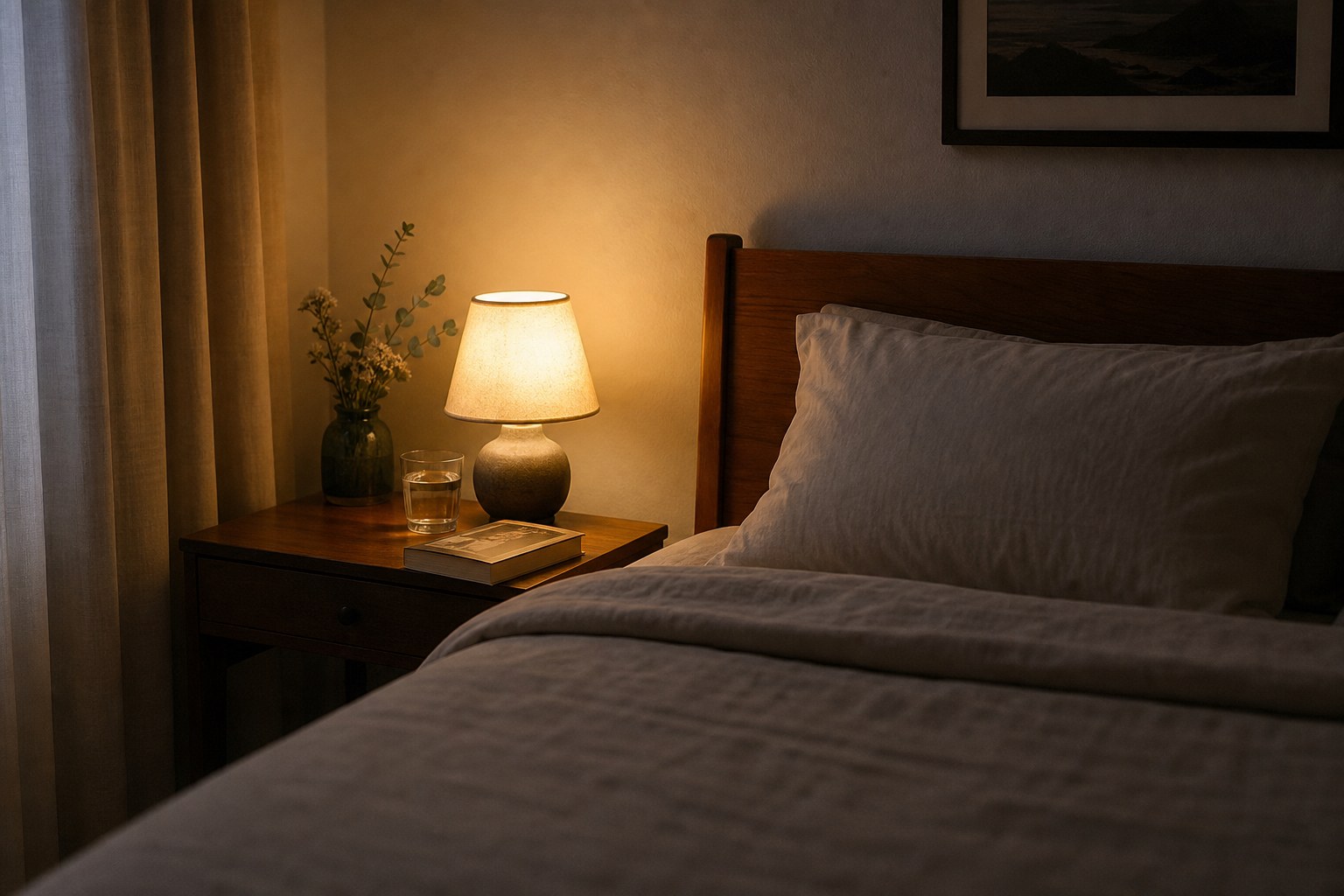 A quiet bedroom with a made bed, a warm bedside lamp, a book, and a glass of water.