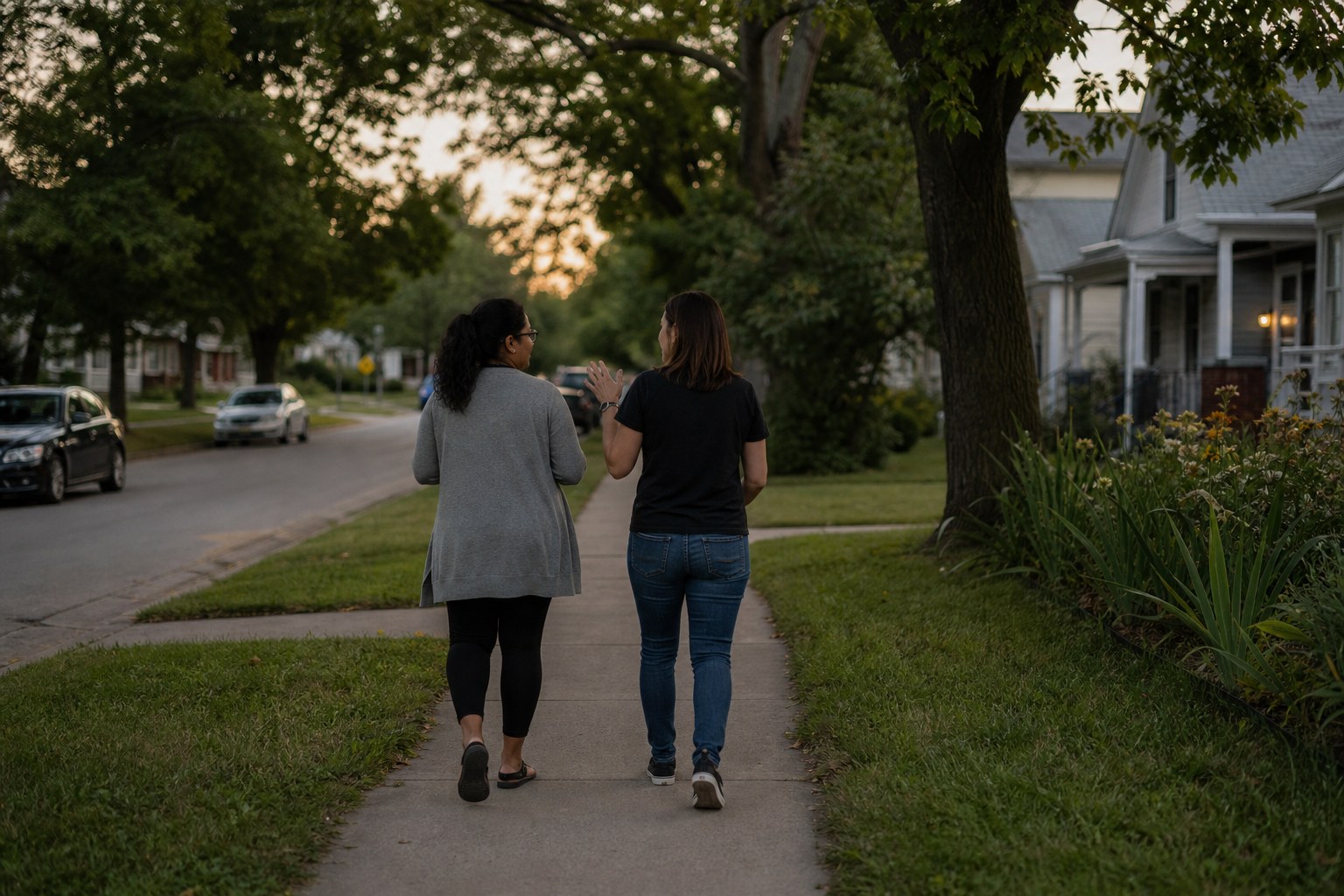 Two adults walking together and talking on a quiet neighborhood sidewalk at dusk.