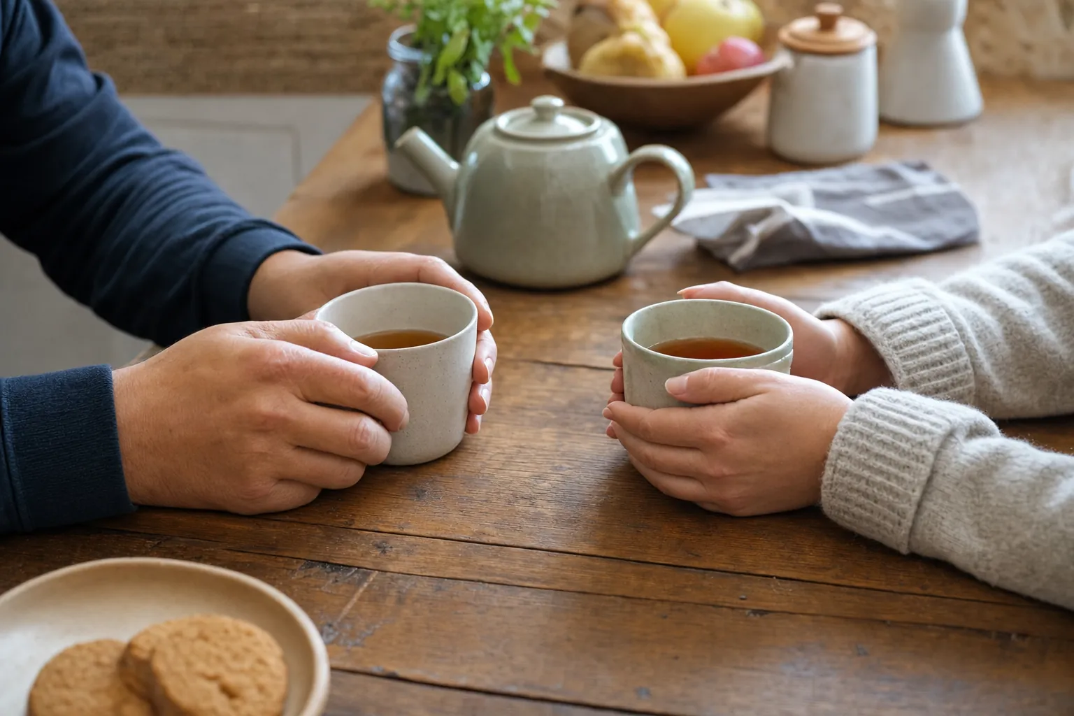 Two people holding warm drinks across a kitchen table.