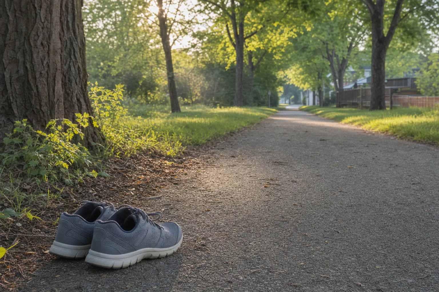 Walking shoes beside a quiet neighborhood path in early morning.