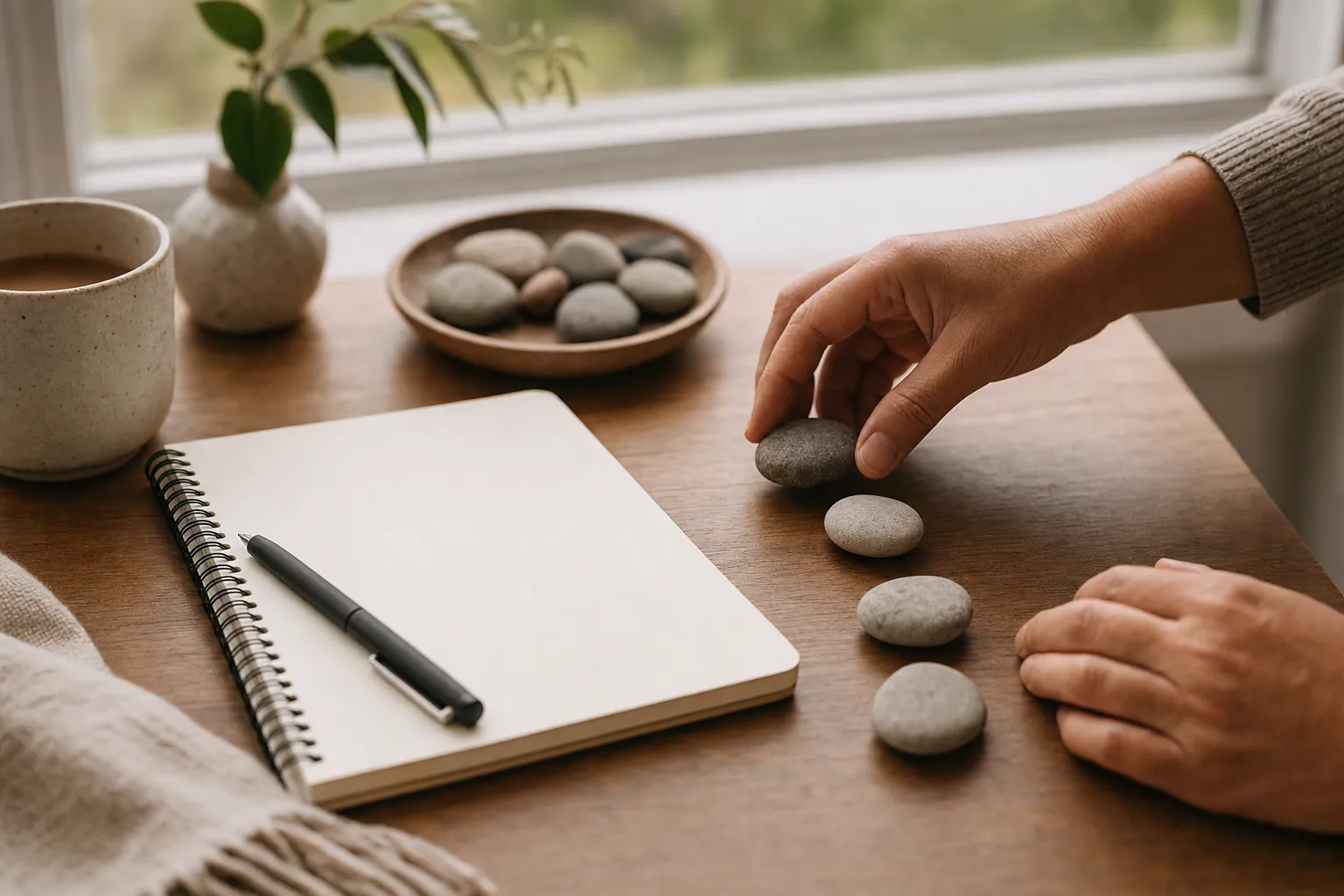 Hands arranging smooth stones beside a blank notebook.