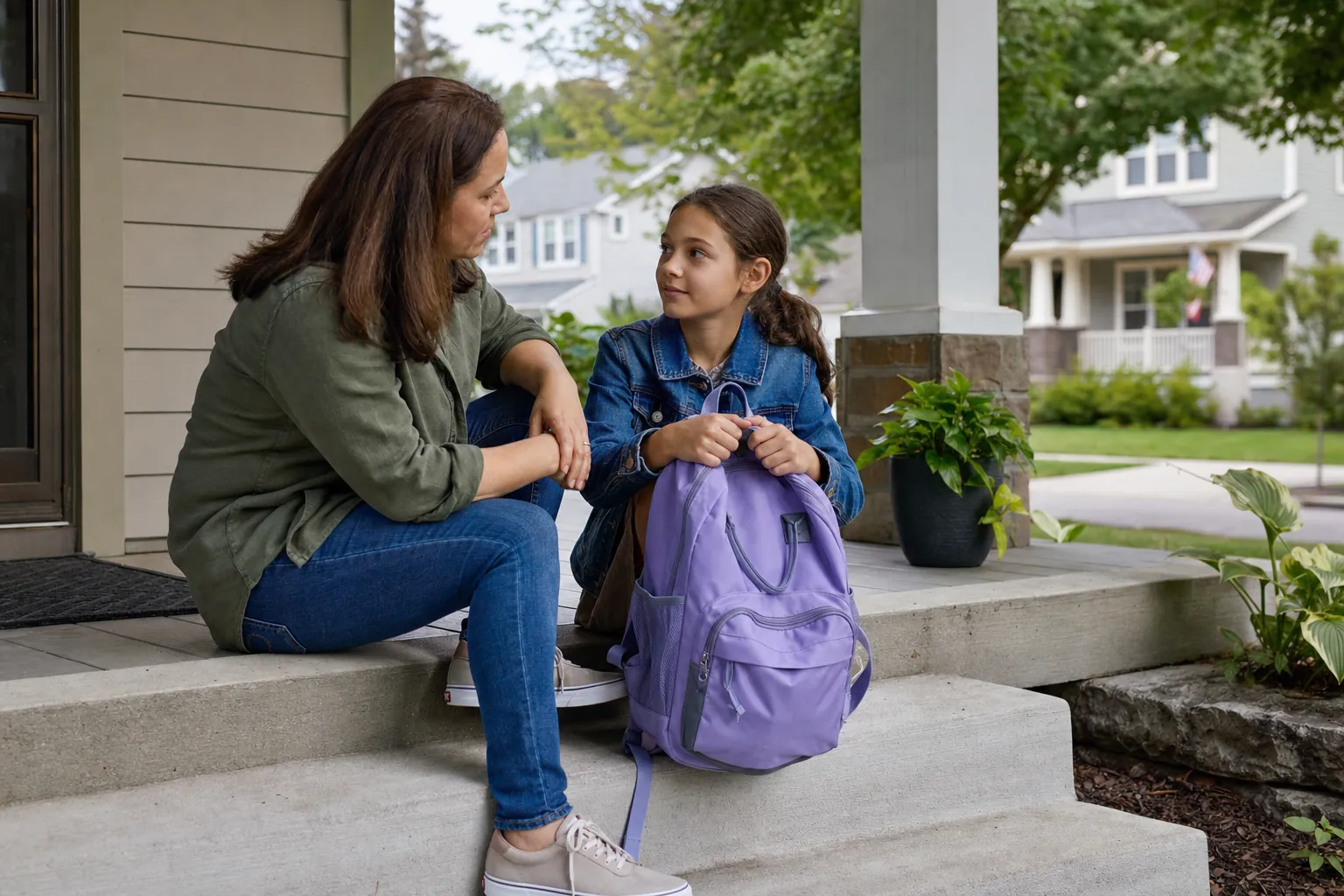 A caregiver listens to a school-aged child holding a backpack on a front porch.