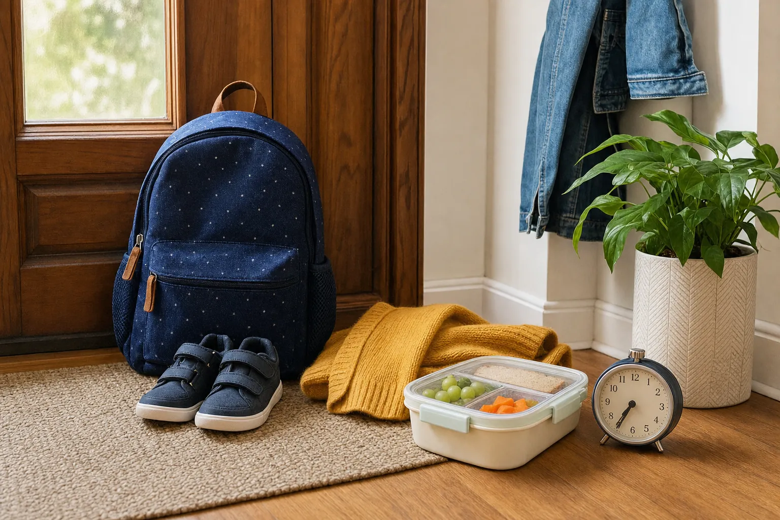 A child's backpack, shoes, sweater, lunch container, and clock prepared by the front door.