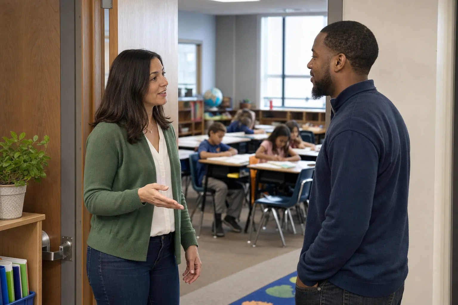 A teacher and parent have a calm conversation at an elementary classroom doorway.
