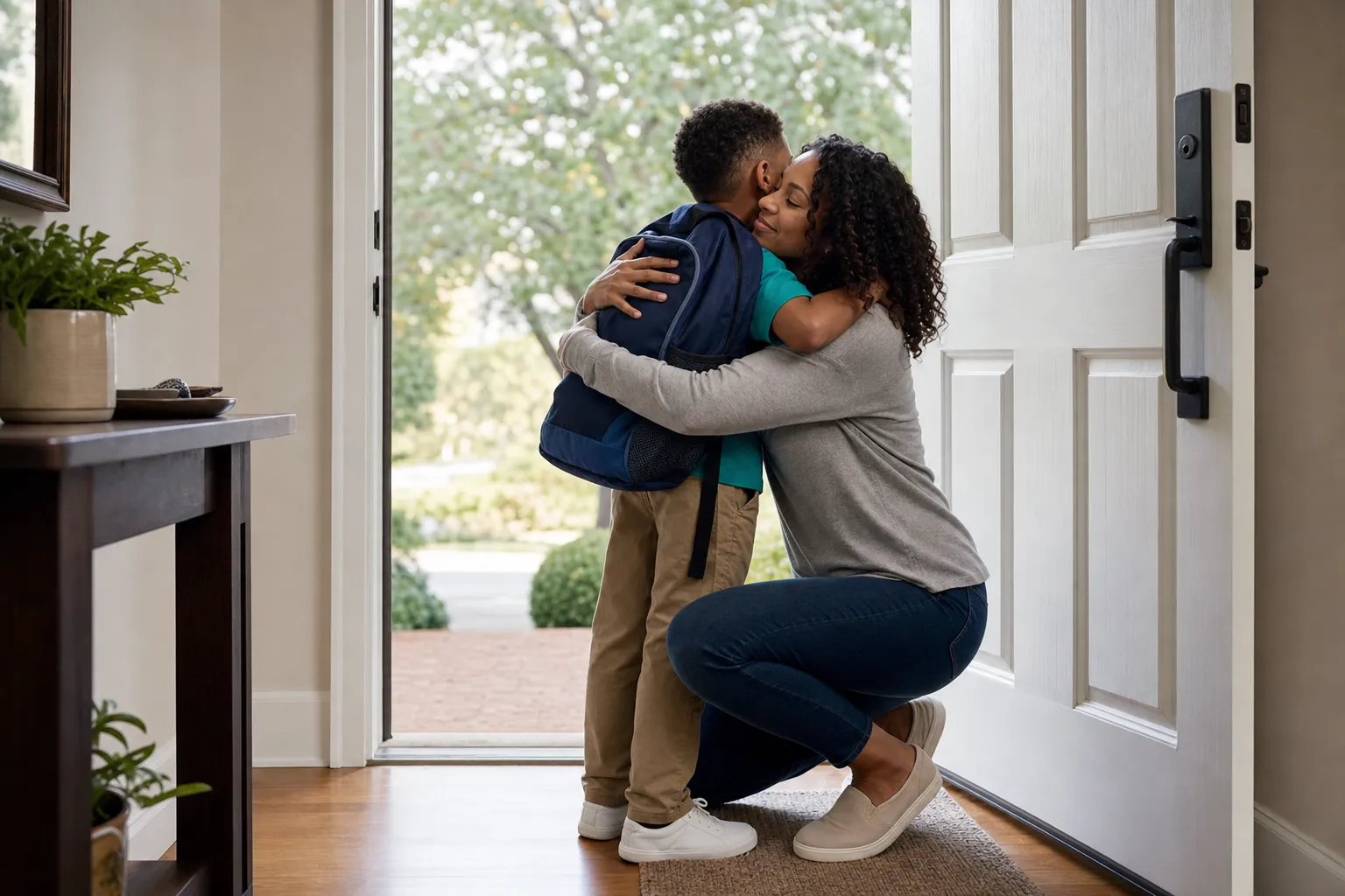 A parent gives a school-aged child a brief hug before a morning departure.