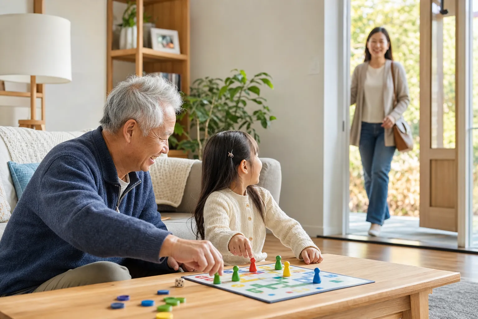 A child plays a board game with a trusted grandparent while a parent returns home.