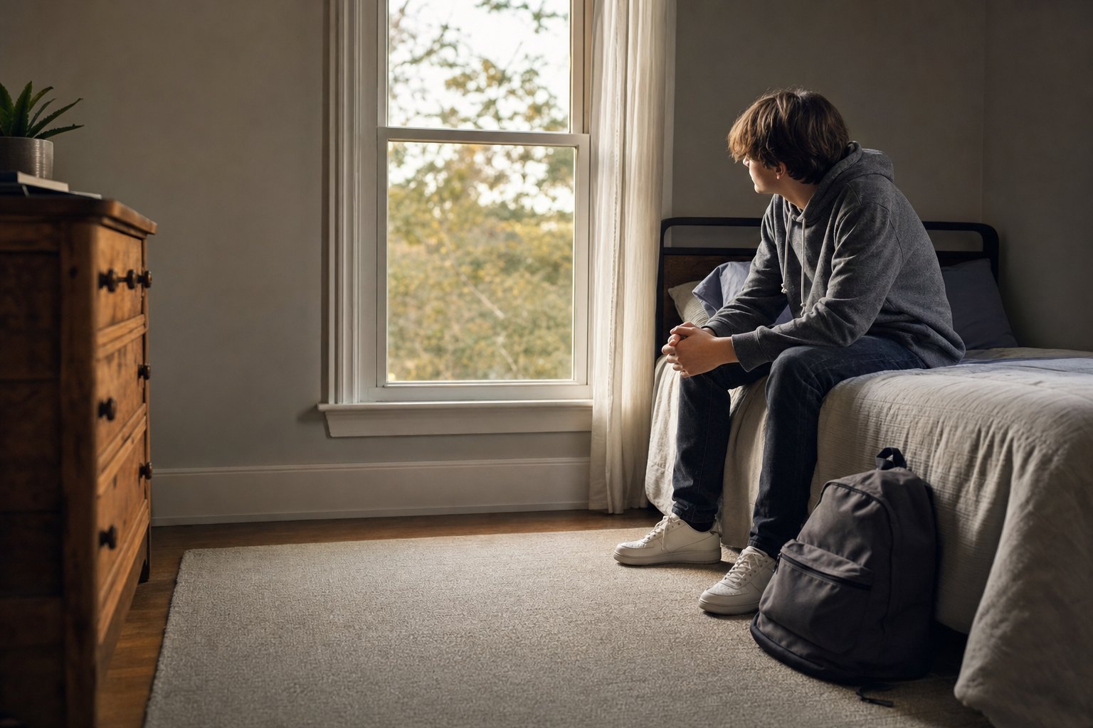 A teenager sitting quietly on the edge of a bed beside a sunlit window.