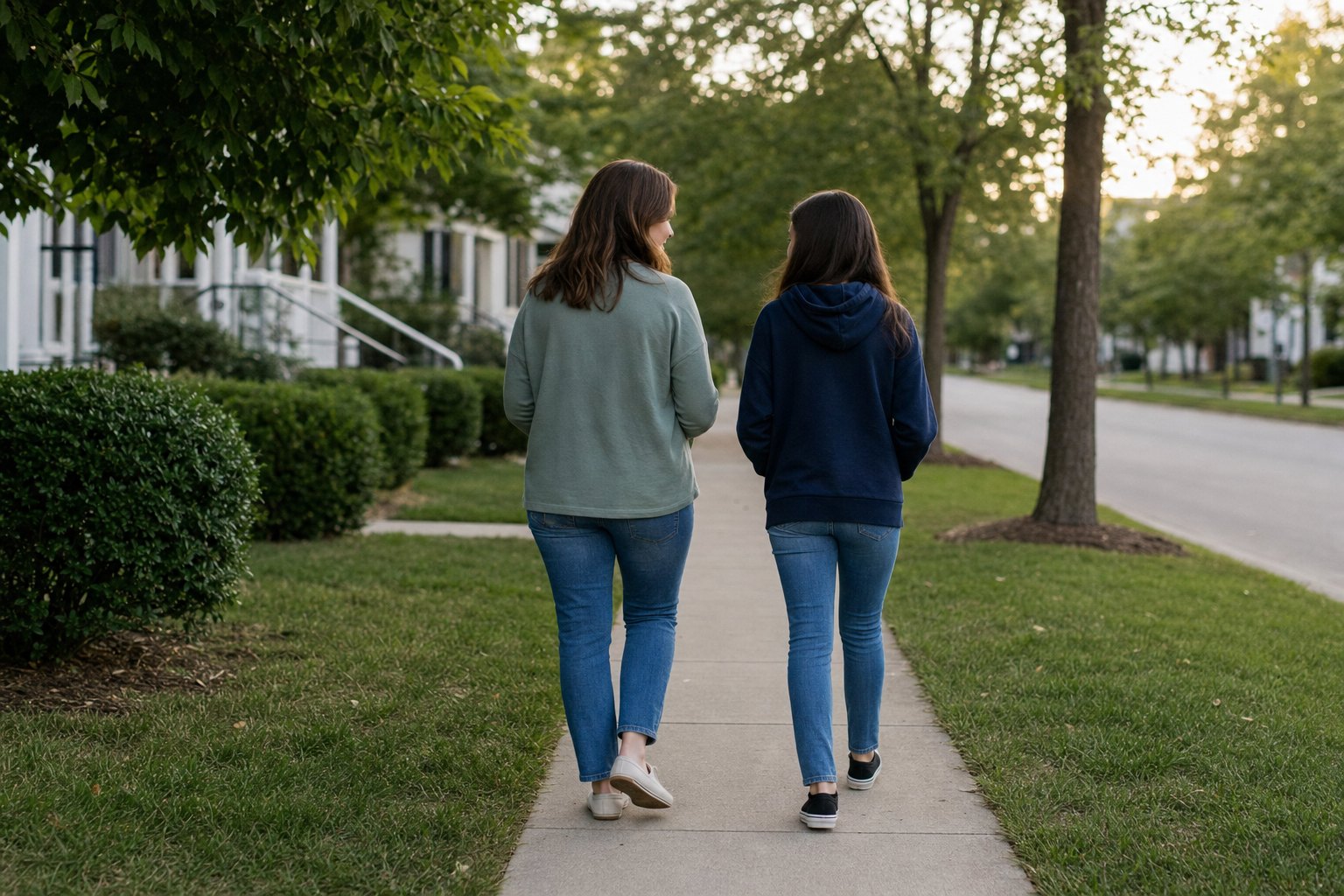 A parent and teen walking together on a quiet residential sidewalk.