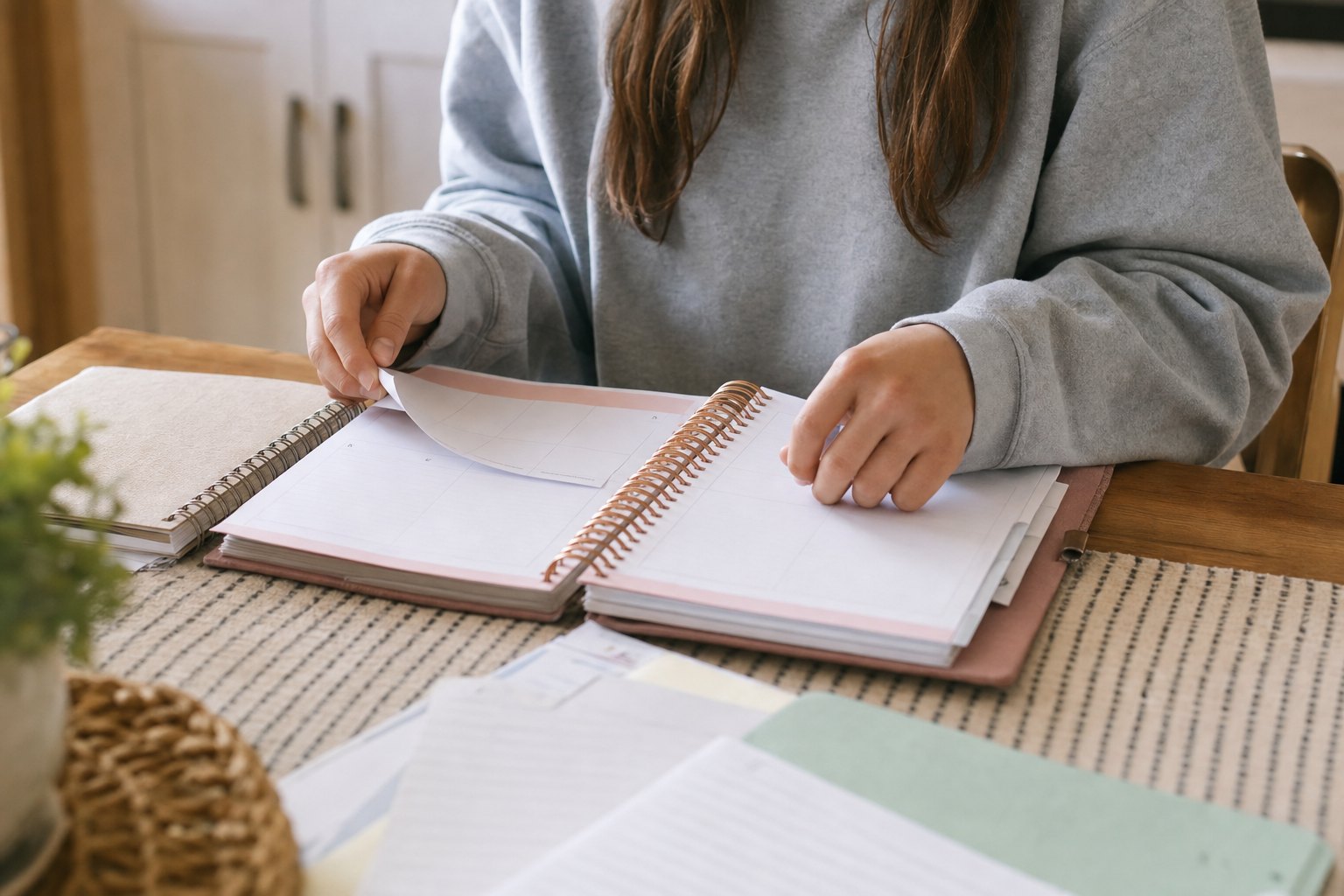 A teen organizing a school planner and class papers at a kitchen table.
