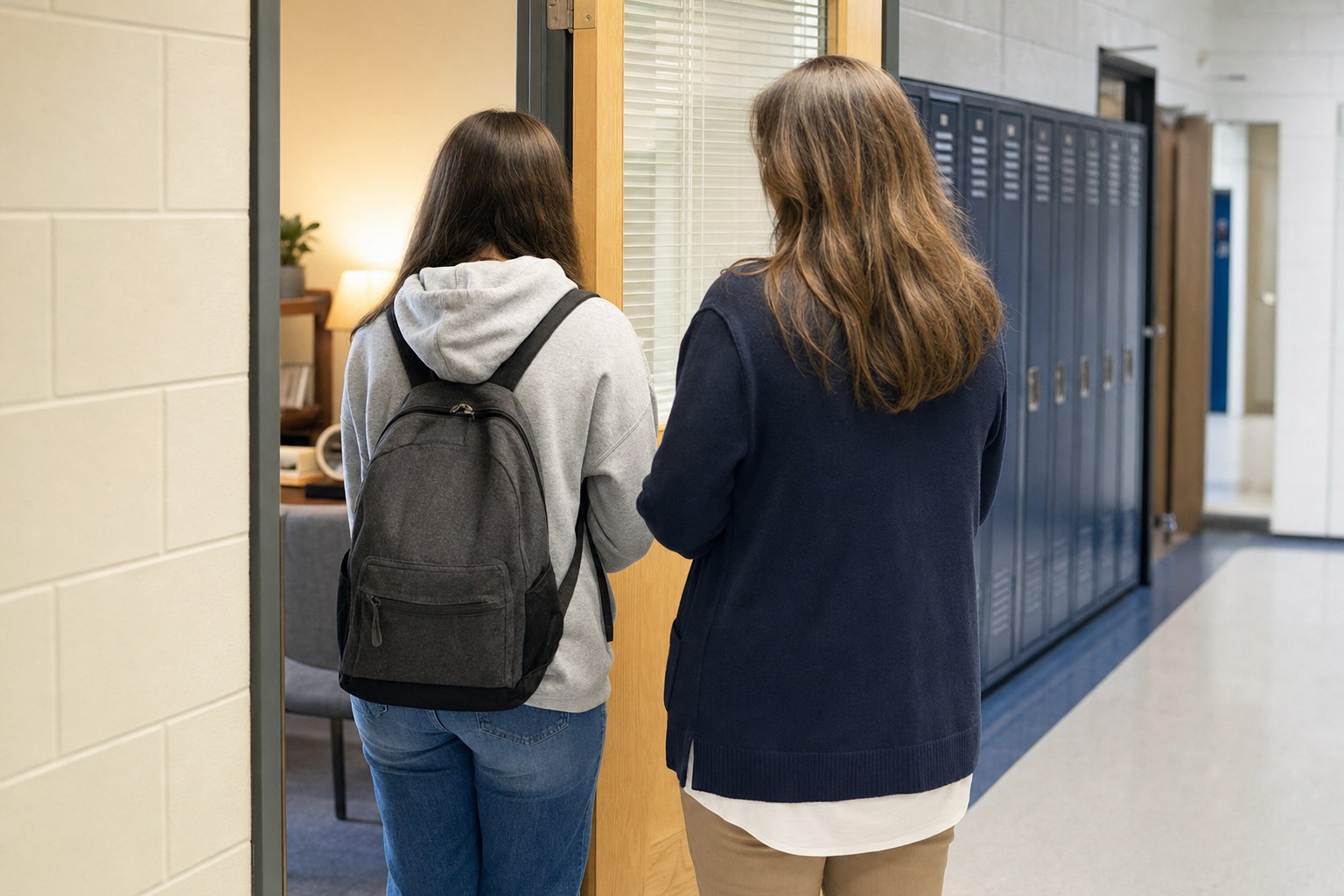 A student and caring adult standing at the doorway of a school counselor office.