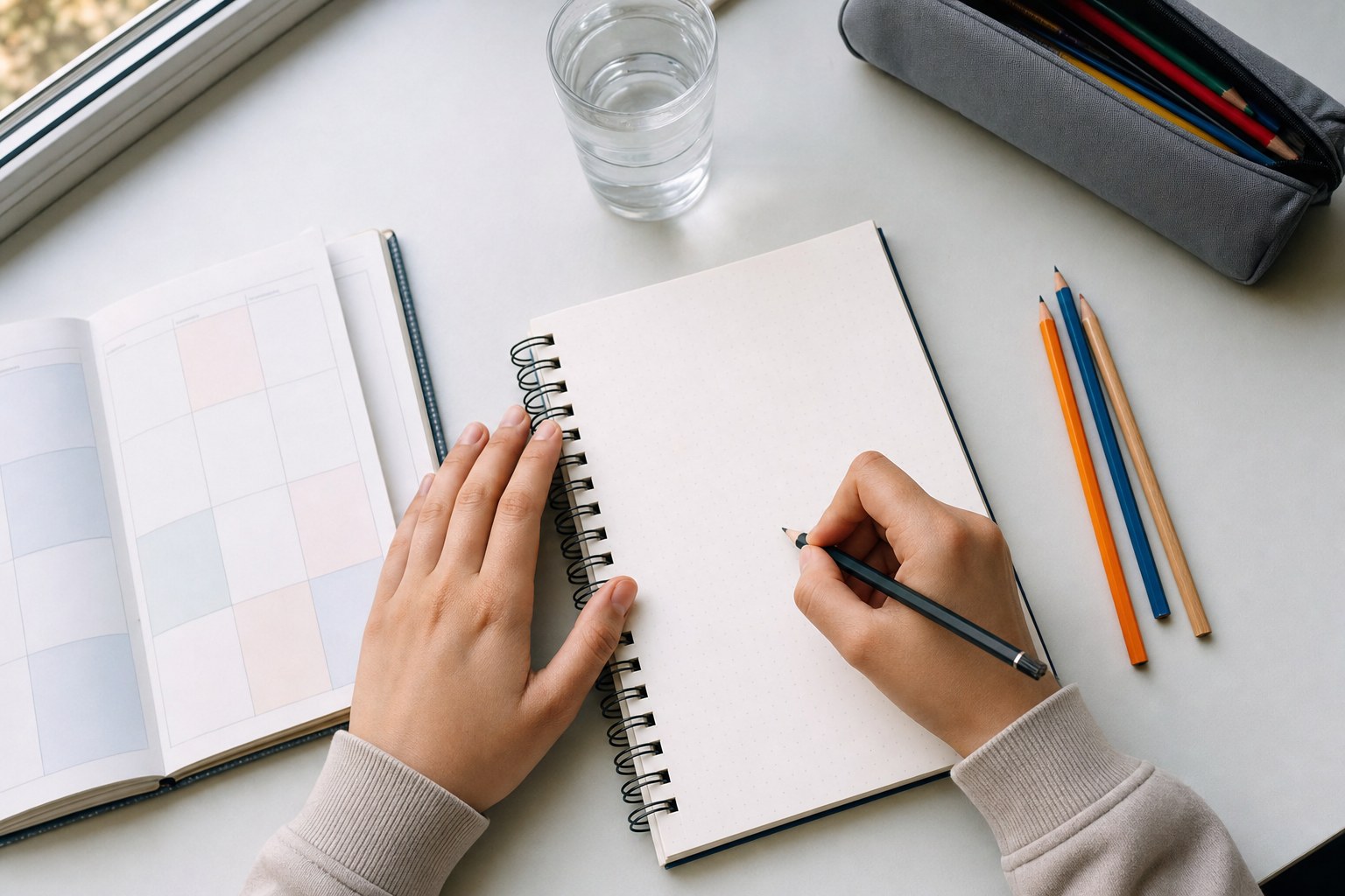 A teenager's hands making a simple plan in a notebook beside a school planner.