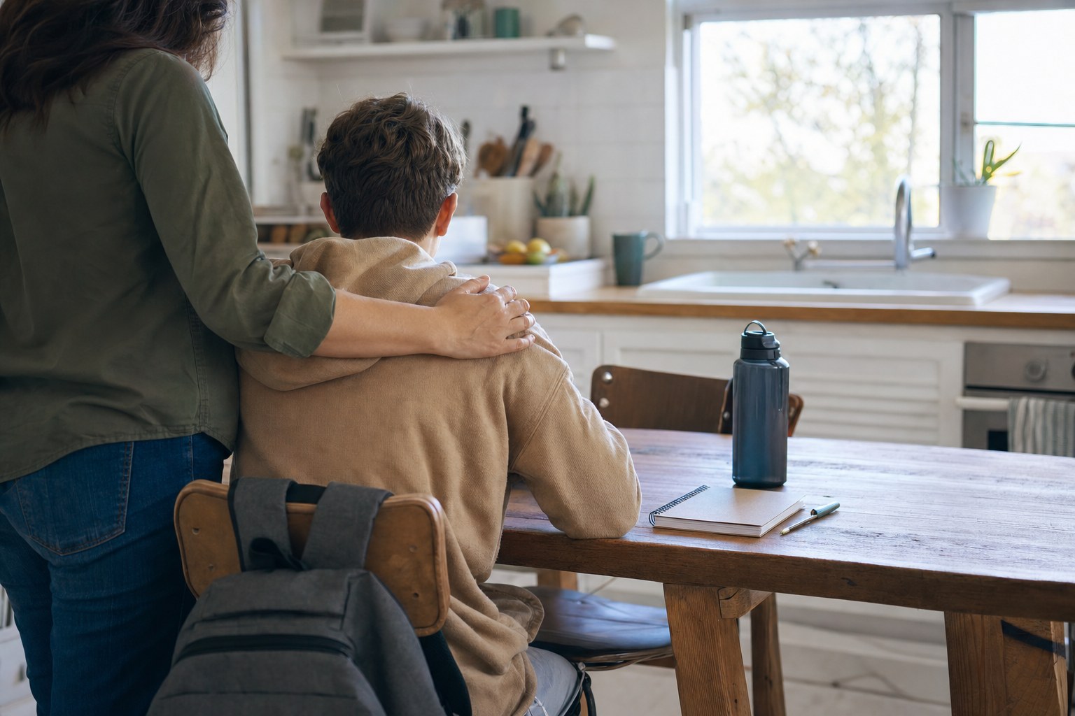 A parent standing supportively beside a teen sitting at a kitchen table before school.