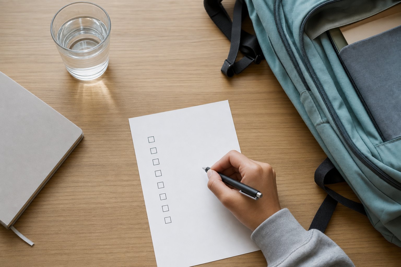 A teen making a simple checklist beside a backpack and water glass.
