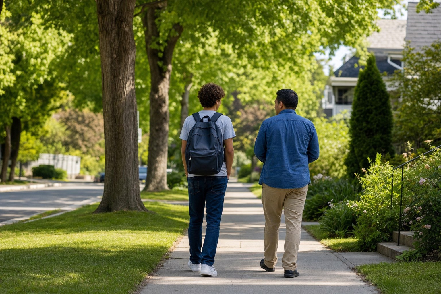 A teenager and caring adult walking together on a quiet neighborhood sidewalk.